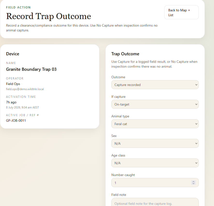 WildTrkr Record Trap Outcome workflow screen using demo data