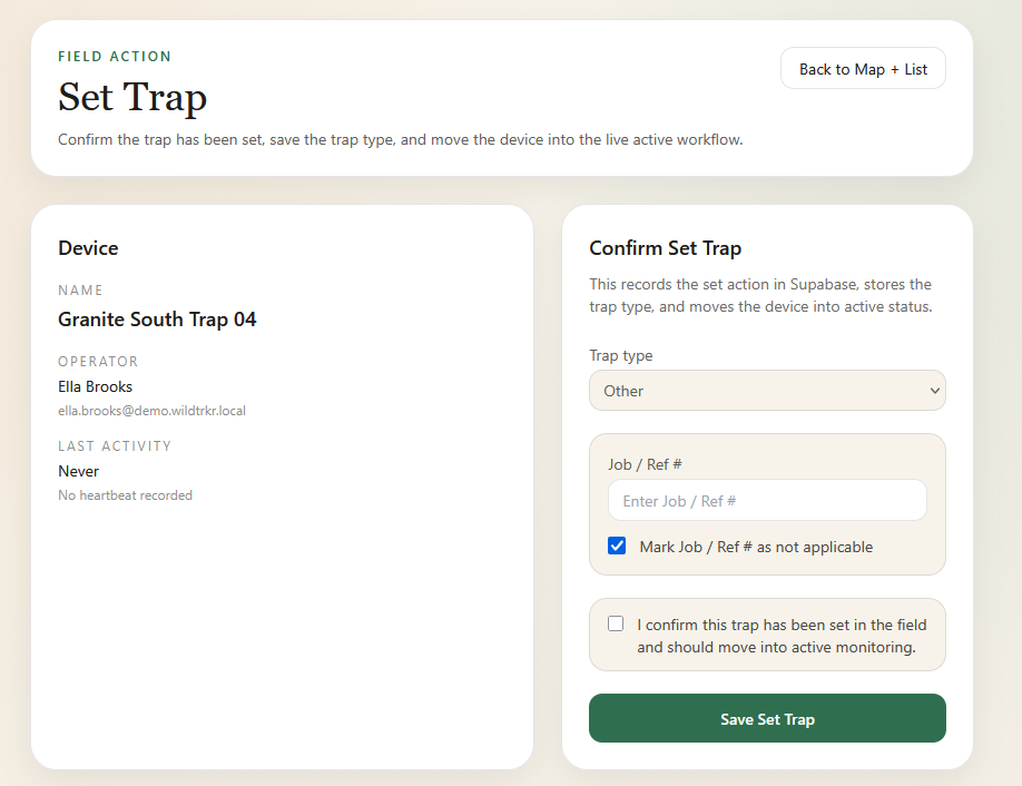 WildTrkr Set Trap workflow screen using demo data